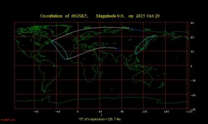 Región de visibilidad para la ocultación de Aldebarán por la Luna el 29 de octubre de 2015