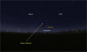 Mirando al sureste, antes del amanecer del 9 de enero de 2016 desde Pamplona. En el gráfico Venus y Saturno aparecen fundidos en un único punto brillante. (Crédito Stellarium)