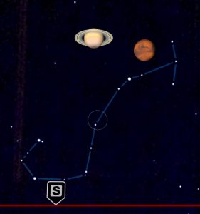 Imagen tomada de la app SkyView donde se observa la misma imagen de Saturno y Marte junto con la constelación de Escorpión completa
